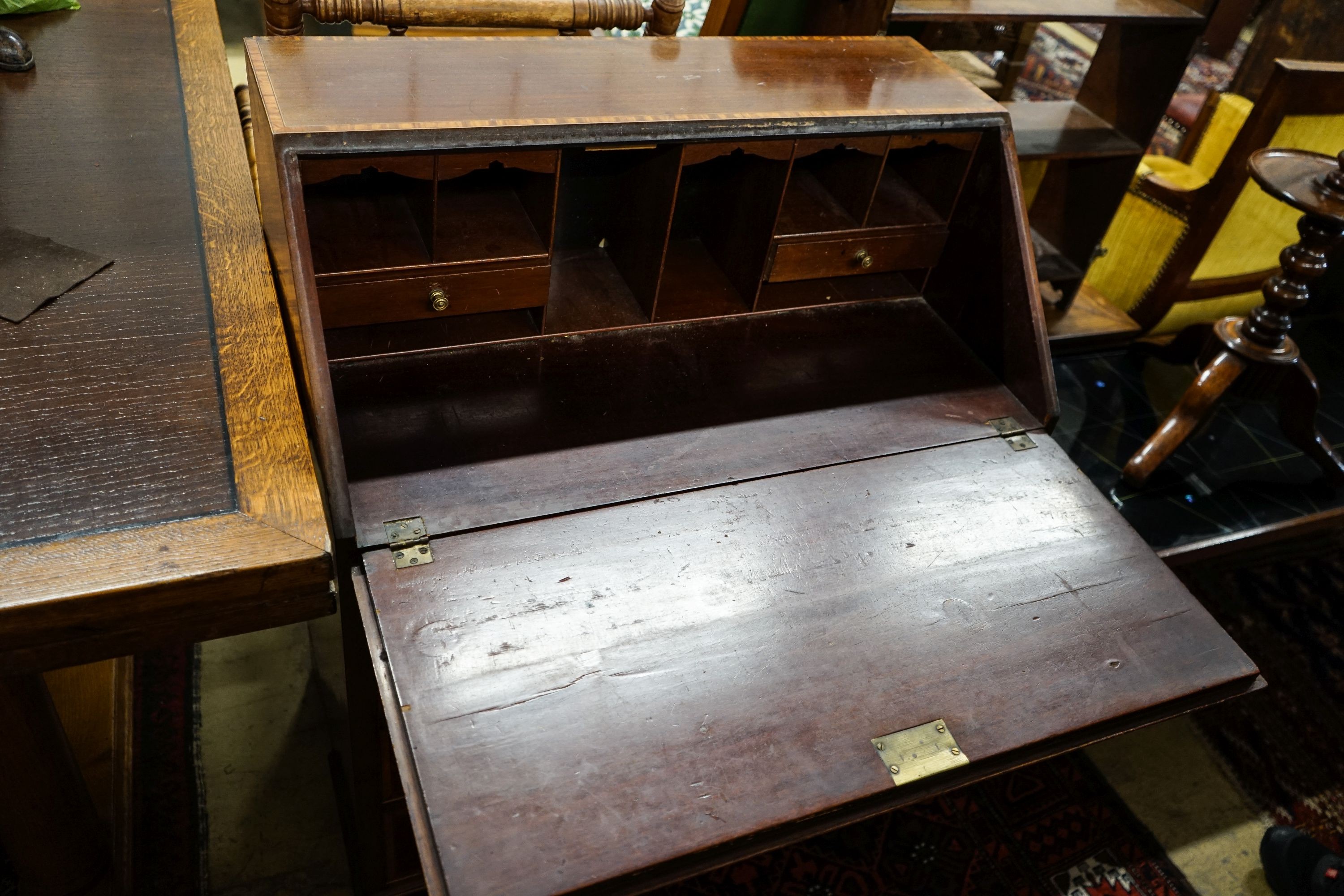 An Edwardian satinwood banded mahogany bureau, width 76cm, depth 46cm, height 98cm